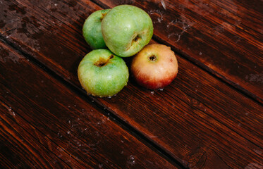 Fresh autumn Apple harvest on the kitchen countertop. Four fresh apples lie on a wooden table. A textured mahogany wood background and fruit lie on it.