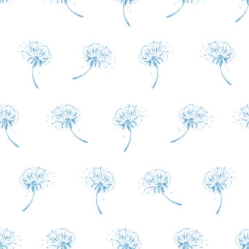 Dandelion watercolor seamless pattern in white and blue colors