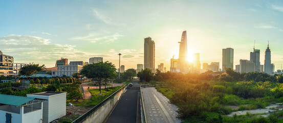 Beautiful landscape sunset of Ho Chi Minh city or Sai Gon, Vietnam. Bitexco Financial Tower and...