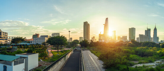 Beautiful landscape sunset of Ho Chi Minh city or Sai Gon, Vietnam. Bitexco Financial Tower and skyscraper buildings. Business and landscape concept.