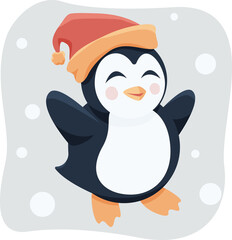 Cute funny penguin in a red hat on light background with falling snow vector flat cartoon illustration. Winter bird. Winter card, poster. New year style, holidays vibes, christmas mood.
