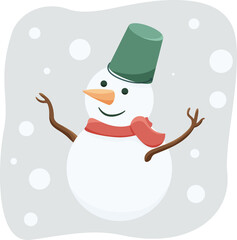 Сute snowman with a scarf and a bucket on his head on light background with falling snow vector flat illustration. Winter card, poster. New year style, holidays vibes, christmas mood.