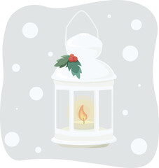 Cute white candlestick with holly on light background with falling snow vector flat illustration. Burning candle, cozy time. Winter card, poster. New year style, holidays vibes, christmas mood.