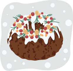 Cute delicious Christmas cake with berries and holly on light background with falling snow vector flat illustration. Bake pies. Winter card, poster. New year style, holidays vibes, christmas mood.
