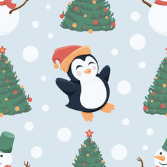 Cute seamless pattern funny Penguin in a red hat, Snowman with a scarf and a bucket on his head, Spruce with decorations on light background with falling snow vector flat illustration. Christmas tree.