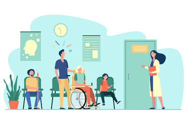 Patients in hospital waiting in line flat vector illustration. Cartoon characters talking with nurse, medical worker or therapist in corridor. Healthcare, health and medicine concept