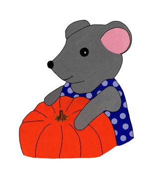 Illustration of a gouache mouse in a blue dress and pumpkin