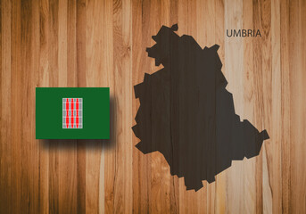 Map and flag of Umbria, region of Italy, on wooden background, 3D illustration