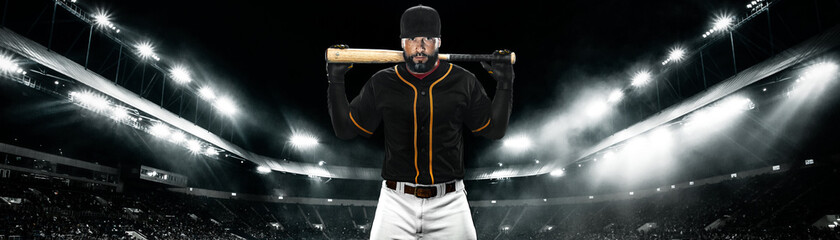 Wide photo. Porfessional baseball player with ball on grand arena. Ballplayer on stadium in action.