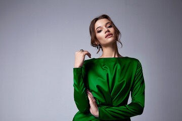 Portrait beautiful sexy pretty woman red lipstick jewelry earrings brunette hair cosmetic makeup...