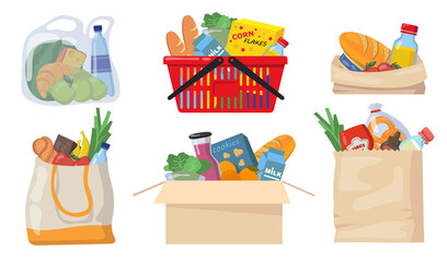 Grocery bags set. Plastic and paper packages, supermarket basket with food packs, cans, bread, milk products. Flat vector illustrations for shopping, food delivery, charity concept. © PCH.Vector