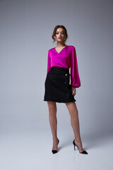 Beautiful woman business style collection party fashion clothes blouse skirt belt casual luxury...