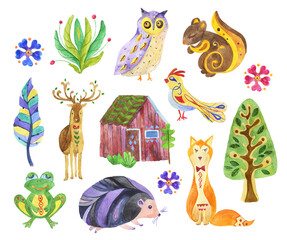 Set of watercolor illustrations: animals, flowers, plant, frog, birds, tree, red Nordic house. Scandinavian elements isolated on a white background