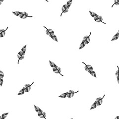 Feather watercolor seamless pattern. Black and white 