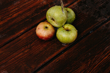 Splashes of clean water pour over freshly picked apples of the autumn harvest. Red and green apples lie on the mahogany wooden kitchen table, and water drips from the top.