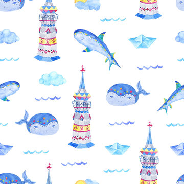 Sea watercolor seamless pattern with lighthouses, whales, sharks and paper boats on white background