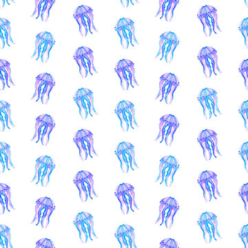 Jellyfishes sea watercolor seamless pattern 