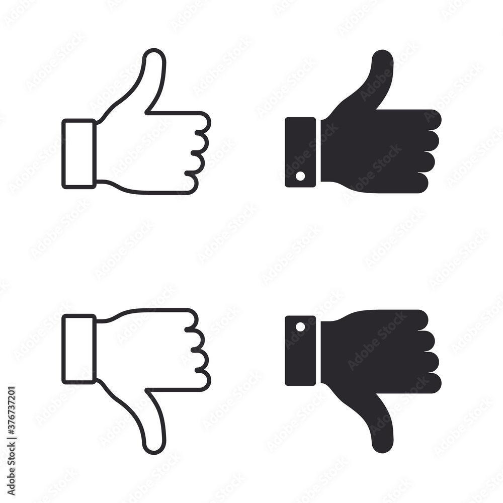 Poster like and dislike icon set. thumbs up and down sign in flat style for user feedback for social networ