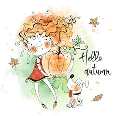 Cute girl with a big pumpkin. Autumn harvest. Thanksgiving day. Watercolor graphics. Vector.