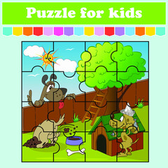 Puzzle game for kids. Illustration of a cartoon doghouse kennel near a fence and a tree. Education worksheet. Color activity page. Riddle for preschool. Isolated vector illustration. Cartoon style.