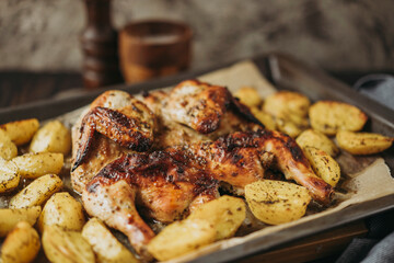 Grilled or roasted Chicken Tobacco on paper over baking sheet . Homemade freshly baked whole juicy chicken with potatoes, herbs, pepper. Selective focus, close up view. Organic country food.