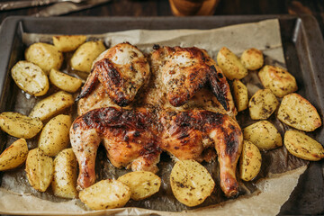 Grilled or roasted Chicken Tobacco on paper over baking sheet . Homemade freshly baked whole juicy chicken with potatoes, herbs, pepper. Selective focus, close up view. Organic country food.