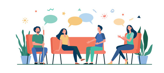 Group therapy concept. People meeting and talking, discussing problems, giving and getting support. Vector illustration for counselling, addiction, psychologist job, support session concept.