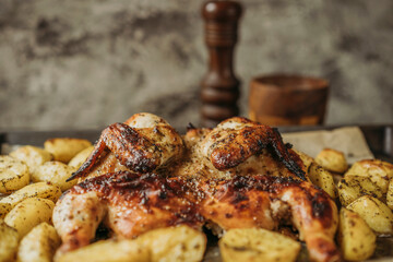 Grilled or roasted Chicken Tobacco on paper over baking sheet . Homemade freshly baked whole juicy chicken with potatoes, herbs, pepper. Selective focus, close up view. Organic country food.