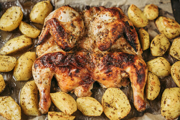 Grilled or roasted Chicken Tobacco on paper over baking sheet . Homemade freshly baked whole juicy chicken with potatoes, herbs, pepper. Selective focus, close up view. Organic country food.