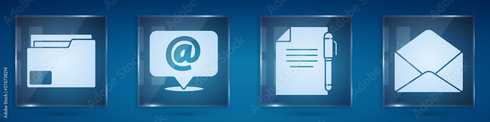 Aufkleber set document folder, mail and e-mail on speech bubble, document and pen and envelope. square glass p