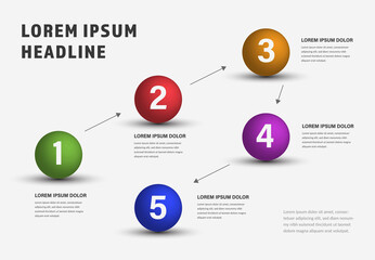 Colored infographic balls with huge numbers, 5 options vector timeline