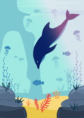 underwater world with dolphin, sand, rocks and its inhabitants