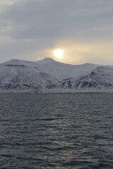 Winter sunset in the ice fjords of the Norwegian Archipelago of Svalbard (Spitsbergen), Norway