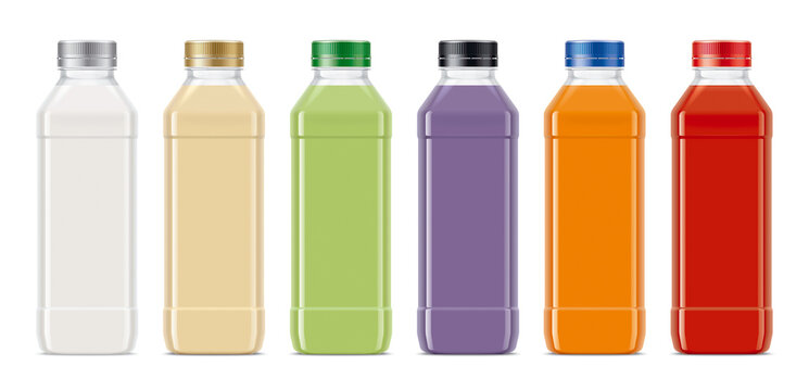 Set of Plastic Bottles with non-transparent drinks. 