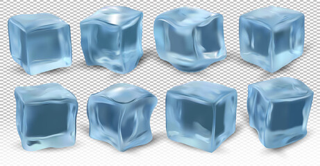 Realistic ice cubes on transparent background. Eight blue ice cubes for different angles. 3D vector icon.
