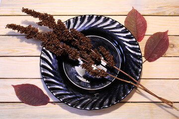 branches of a dead plant on a plate and maroon leaves on a light wooden background