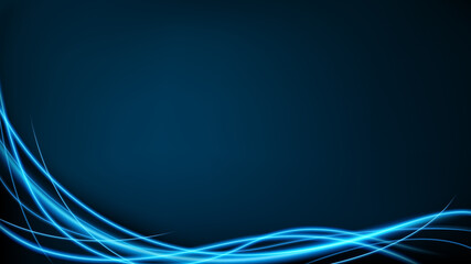 Abstract blue wavy line of light on dark blue background. Neon motion effect widescreen ratio. Vector Illustration
