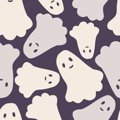 Vector seamless pattern colorful Halloween design of cute ghosts on dark purple background. The design is perfect for backgrounds, textiles, wrapping paper, packaging, advertisements.
