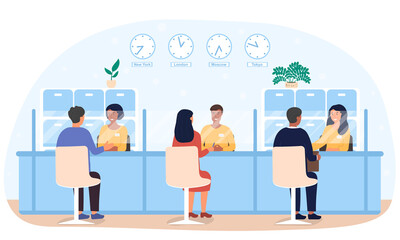 Bank employees providing financial services to clients. Flat vector illustration