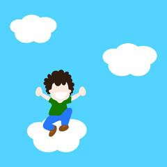 Happy boy jumping on a cloud in the sky
