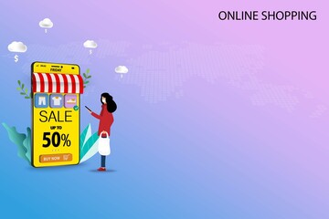 Concept of online shopping, young woman wear a medical white mask and touch the screen of smart phone that contain app icon of products and discount rate to order a new shoe. Vector 3D design.