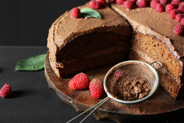 Chocolate cake with raspberries. Cake on a dark background. Sieve with cocoa powder.