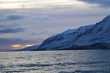 Sunset in the ice fjords of the Norwegian Archipelago of Svalbard (Spitsbergen), Norway