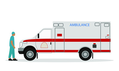Ambulance and male nurse in uniform on a white background