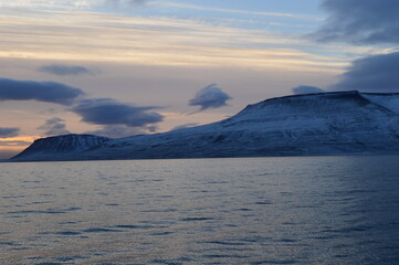 Sunset in the ice fjords of the Norwegian Archipelago of Svalbard (Spitsbergen), Norway