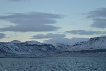 Sunset in the ice fjords of the Norwegian Archipelago of Svalbard (Spitsbergen), Norway