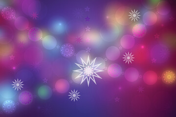 A festive abstract Happy New Year or Christmas background texture with colorful gold yellow blue pink blurred bokeh lights, stars and christmas balls. Space for design. Card concept or advertising.