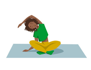 Athletic dark-skinned girl sits on the Mat in the Lotus position and makes a tilt to the side. Flat vector illustration for a sports Studio on a white isolated background.