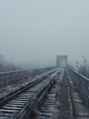 Early frosty morning in November . Foggy landscape, road over the old railway bridge