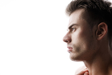 Fototapeta premium Muscular sexy model sports young man on white background. Portrait of beautiful healthy guy.